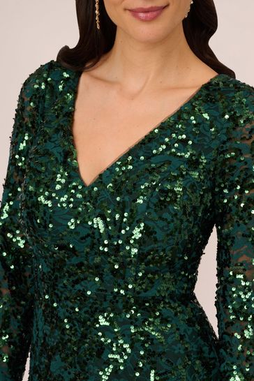 Adrianna Papell Green Sequin Lace Long Gown
