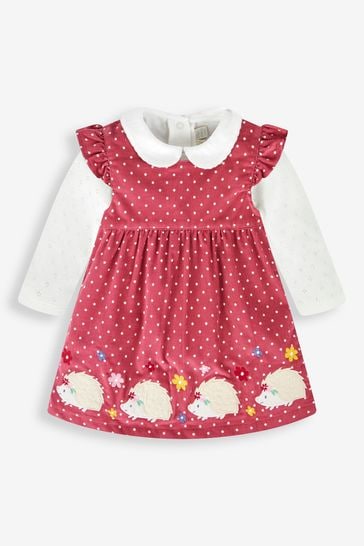 JoJo Maman Bébé Rose Pink Hedgehog 2-Piece Embroidered Cord Baby Dress & Body Set