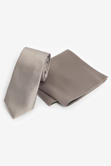 Neutral Brown Satin Tie And Pocket Square Set