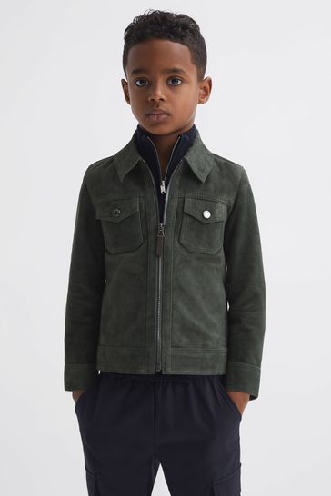 Reiss Forest Green Pike Junior Suede Zip Through Jacket
