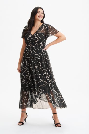 Scarlett & Jo Black Tilly Print Angel Sleeve Sweetheart Dress