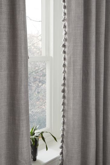 Grey Next Textured Tassel Edge Eyelet Blackout Thermal Curtains