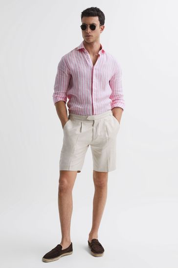 Reiss Soft Pink Herringbone Stripe Ruban Linen Long Sleeve Shirt