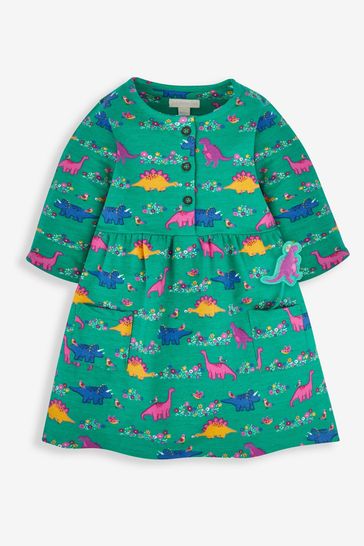 JoJo Maman Bébé Green Dino & Bird Girls' Button Front Dress