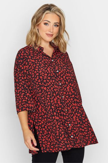 Yours Curve Red Ditsy Print Collared 3/4 Sleeved Shirt