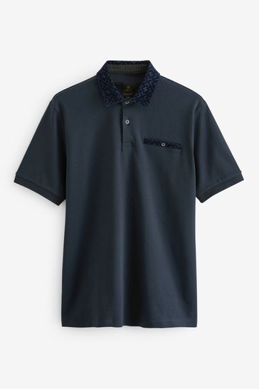 Navy Flocked Short Sleeve Smart Collar Polo Shirt