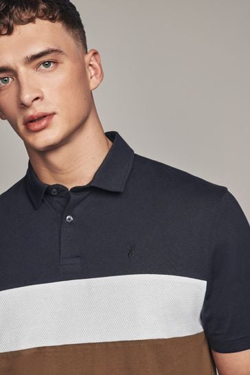 Navy/Tan Brown Short Sleeve Button Up Block Polo Shirt