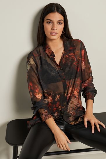 Red sheer long sleeve hot sale shirt