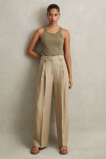 Reiss Light Khaki Leila Linen Front Pleat Trousers