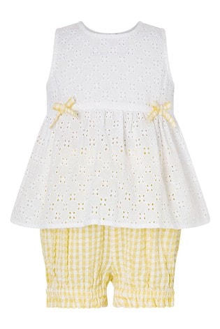 Monsoon Yellow Baby Broderie Top and Gingham Shorts Set