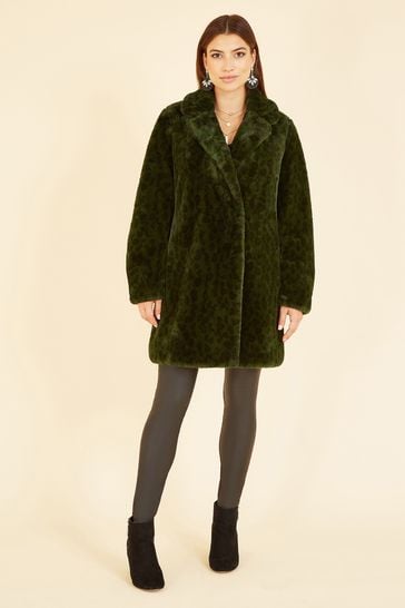 Yumi Green Luxe Leopard Print Faux Fur Coat