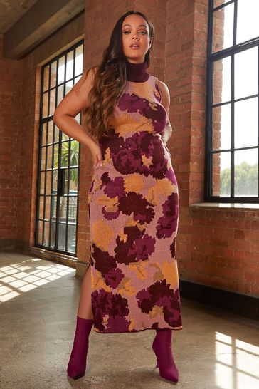 Chi Chi London Pink Dark Floral High Neck Knitted Midi Dress