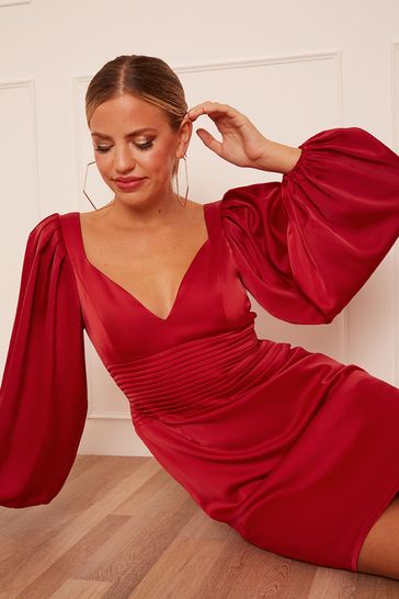 Buy Chi Chi London Red Balloon Sleeve Plunge Bodycon Dress from