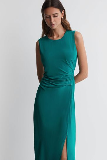 Reiss Green Lexi Petite Bodycon Ruched Midi Dress