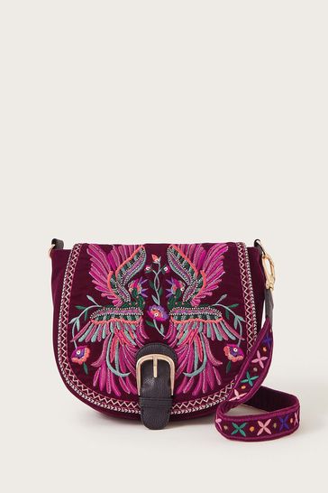 Monsoon Purple Bird Embroidered Velvet Bag