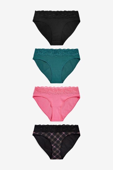 Check/Pink/Black/Teal High Leg Lace Trim Cotton Blend Knickers 4 Pack