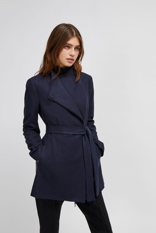 French Connection Blue Platform Felt Crossover Coat