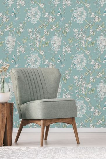 Vymura London Green Exclusive To Next Japanese Chinoise Floral Wallpaper