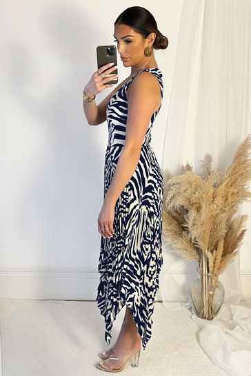AX Paris Blue Printed V Neck Zig Zag Hem Pleated Midi Dress