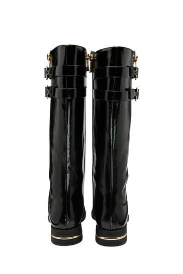 Lotus Black Textile Patent Knee High Boots