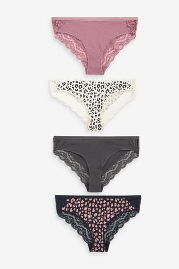 Black/Grey/Cream/Pink Printed Bikini Cotton and Lace Knickers 4 Pack