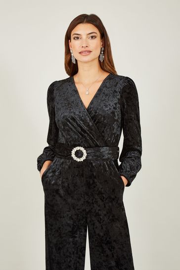 Buy Yumi Black Velvet Long sleeve Jumpsuit With Diamant Belt from