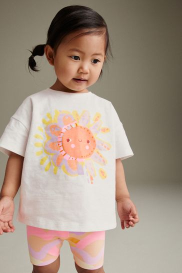Pink White Rainbow Sun Short Sleeve Top and Cycle Shorts Set 3mths 7yrs