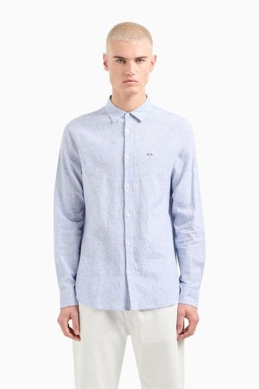 Armani Exchange Blue Stripe Linen Long Sleeve Shirt