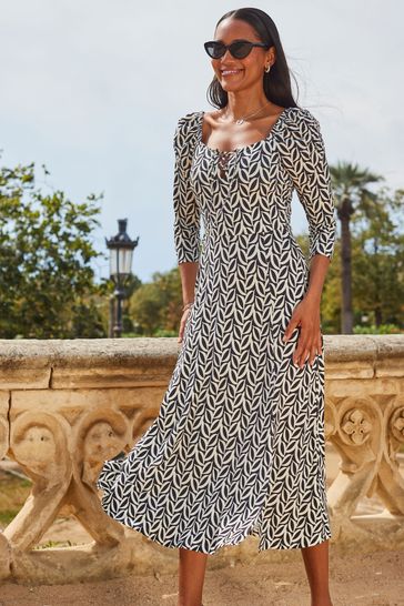 Buy Sosandar Black Long Sleeve Sweetheart Neck Fit and Flare Dress