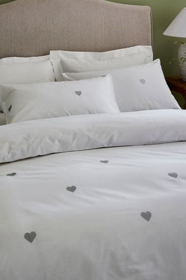 Buy White With Silver Hearts Embroidered Duvet Cover and