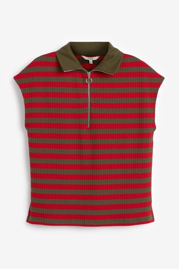 Red/Green Sleeveless Zip Neck Stripe Sweatshirt