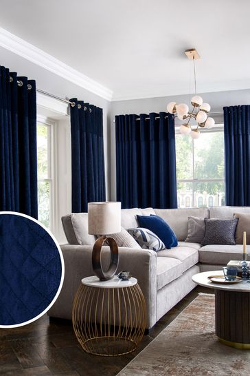 Navy Blue Velvet Quilted Hamilton Top Panel Eyelet Super Thermal Curtains