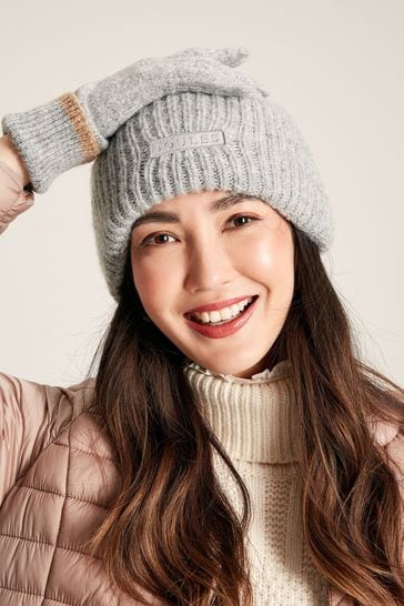 Joules Eloise Grey Marl Oversized Knitted Beanie Hat