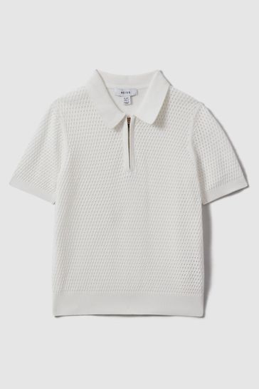 Reiss Optic White Burnham Teen Textured Half-Zip Polo T-Shirt