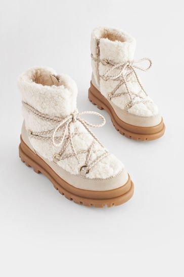 Neutral White Borg Lace Up Boots