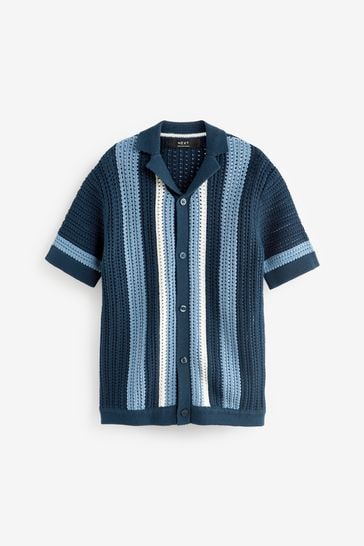 Blue Crochet Stripe Short Sleeved Polo Shirt (3-16yrs)