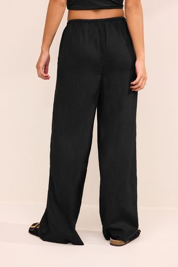 Buy Black Tie Waist Wide Leg Trousers with Linen from Next Canada