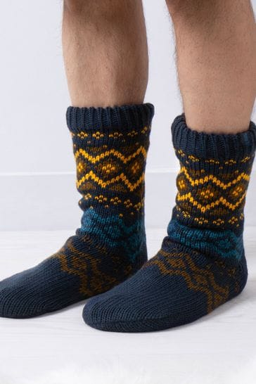 Totes Fairisle Mens Fair Isle Slipper Socks With Fleece Lining