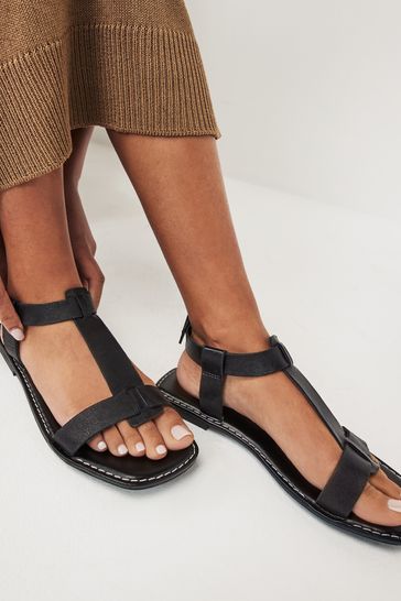 Black Regular Wide Fit Forever Comfort Leather T Bar Sandals