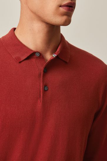 Red Brown Regular Knitted Long Sleeve Polo Shirt