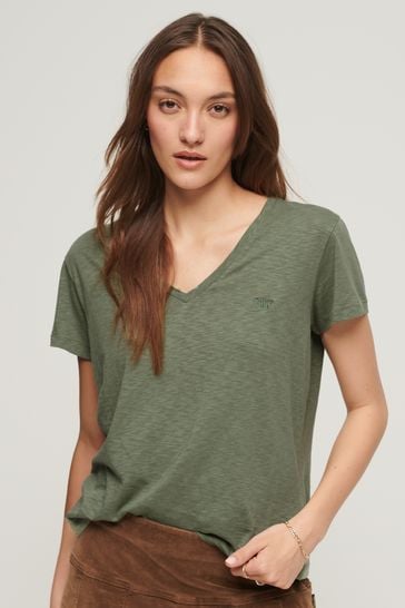 Superdry Olive Green Slub Embroidered V-Neck T-Shirt