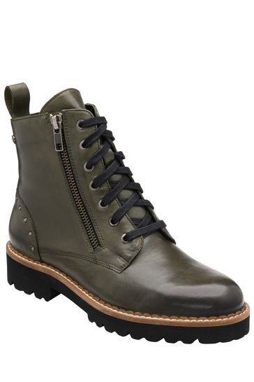 Lotus Green Leather Zip-Up Ankle Boots