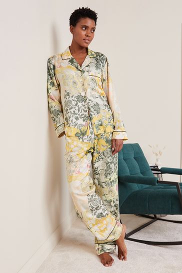 Green Floral Patchwork Satin Button Through Pyjamas