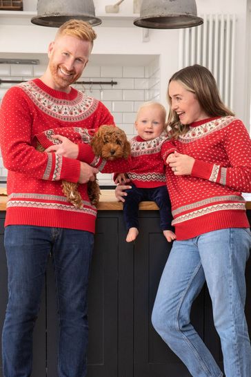 JoJo Maman Bébé Red Reindeer Fairisle Pattern Pets Jumper