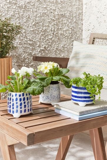 Set of 3 Blue Outdoor Ceramic Patterned Planter