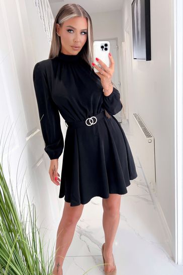 High neck long cheap sleeve skater dress