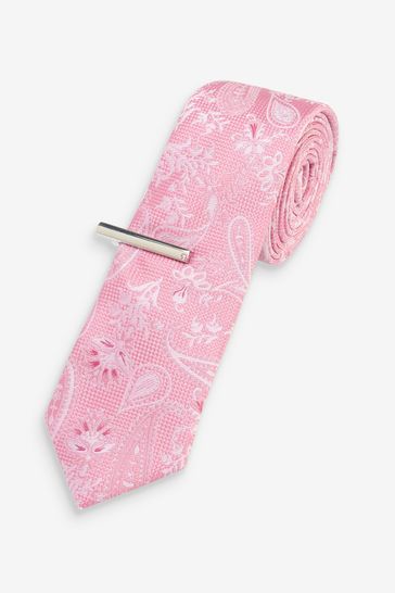 Pink Slim Paisley Tie With Tie Clip