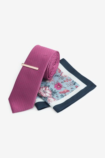 Raspberry Pink/Blue Floral Tie With Tie Clip And Pocket Square Set