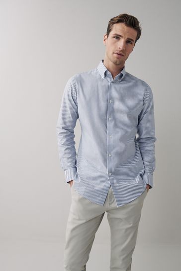 Blue/ White Stripe Slim Fit Single Cuff Easy Care Oxford Shirt