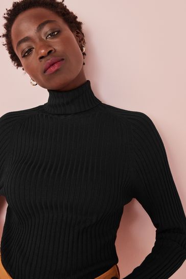 Roll Neck Knit With Rib Detail - Black, Knitwear